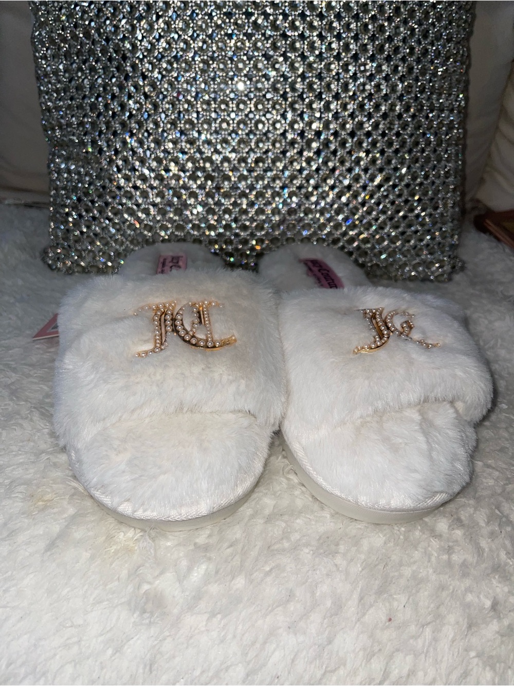 Juicy Couture White Plush Slide Slippers with Gold Crystal Logo